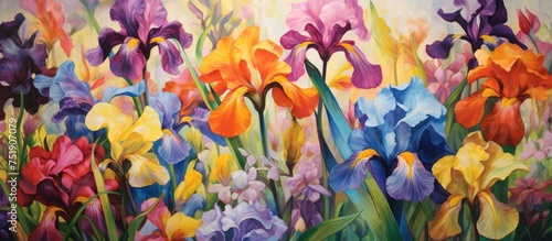 A painting depicting a field filled with colorful iris flowers, vibrant and alive against a monochrome backdrop. Each flower showcases a different hue, creating a striking contrast in the artwork.
