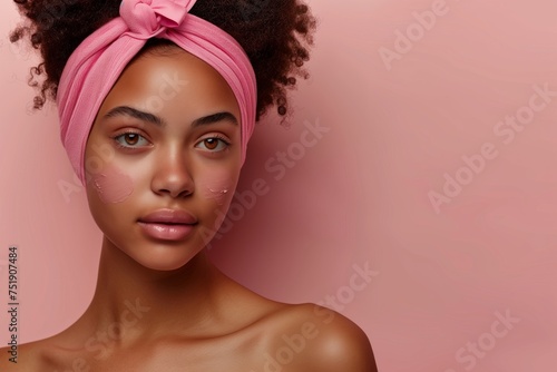 Beautiful young afro american woman with pink headband and clean fresh skin, on beige, pink background with copy space, facial skin care. Cosmetology, beauty, spa. female cosmetics concept.