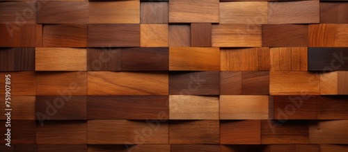 This wooden wall features a captivating pattern of squares and rectangles, creating a visually striking blend of shapes. The intricate design adds depth and texture to the space, making it a unique