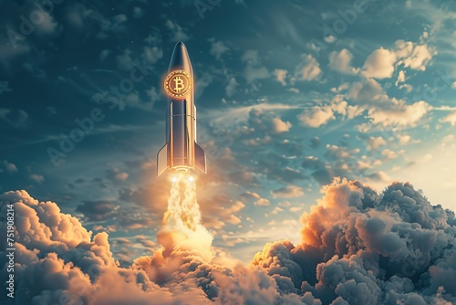 Bitcoin logo rocket launcher, cryptocurrency concept. The growth rate of the gold coin photo