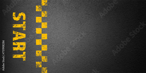 Asphalt road with yellow start line marking, concrete highway surface, texture. Street traffic lane, road dividing strip. Pattern with grainy structure, grunge stone background. Vector illustration
