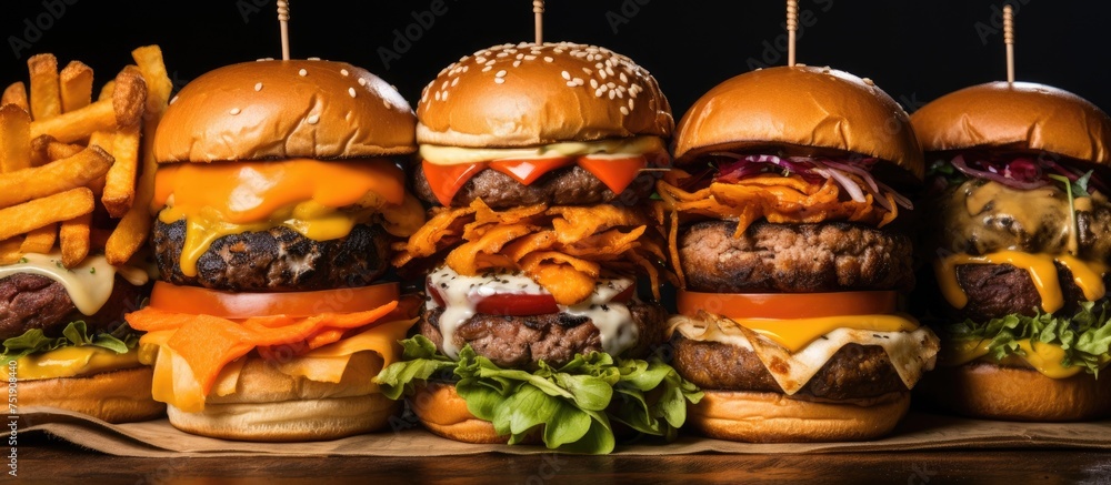 A group of hamburgers and fries are placed on top of a table. The assortment includes beef, chicken, and sweet potato fries. A group of hamburgers and fries are placed on top of a table. The assortment includes beef, chicken, and sweet potato fries.
