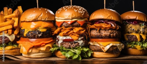 A group of hamburgers and fries are placed on top of a table. The assortment includes beef, chicken, and sweet potato fries.