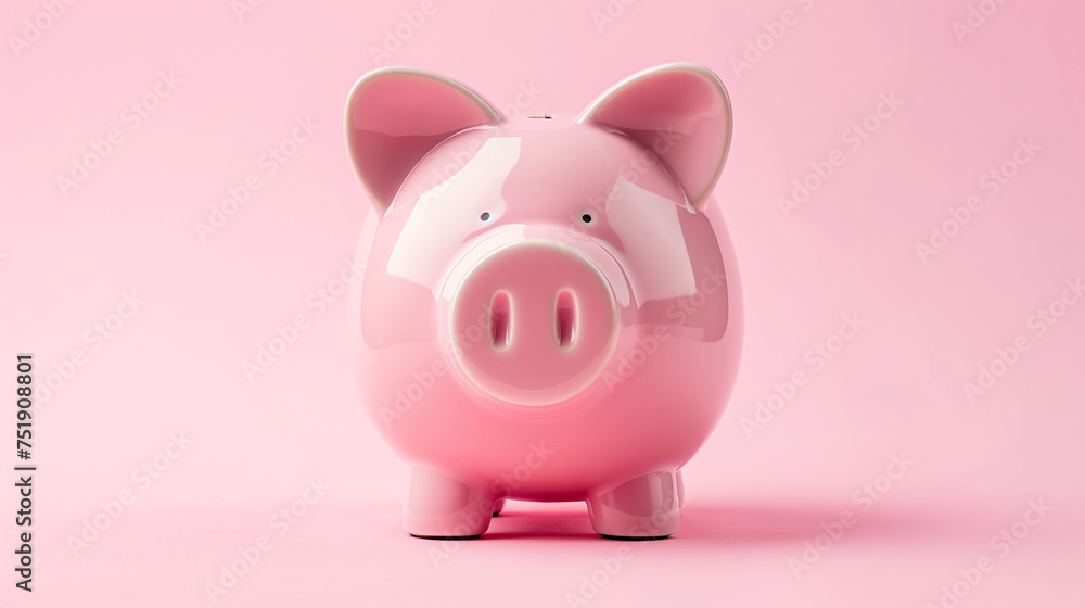 Close up of a cute pink piggy bank isolated on pastel pink background, copy space, front view, concept of banking, saving.