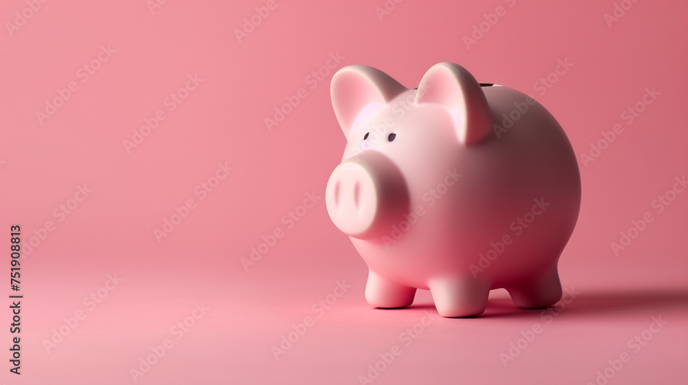 Close up of a cute pink piggy bank isolated on pastel pink background, copy space, side view, concept of banking, saving.