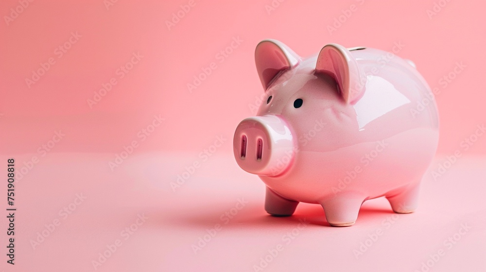 Close up of a cute pink piggy bank isolated on pastel pink background, copy space, side view, concept of banking, saving.