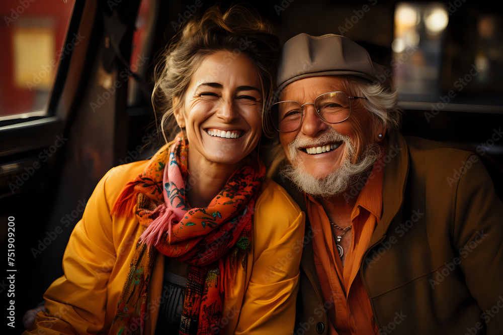 Shared Joy in Golden Years. An uplifting image of an elderly couple in stylish autumn attire sharing a joyous moment together, perfect for lifestyle and relationship themes.