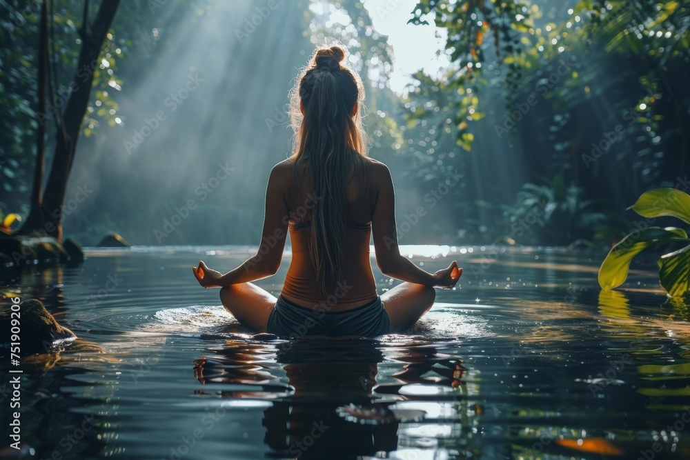 forest therapy yoga, Nature's Embrace: A Woman Immersed in Mindfulness, Practicing Yoga by a Calm Forest Stream in Earthy Tones forest therapy yoga, Nature's Embrace: A Woman Immersed in Mindfulness, Practicing Yoga by a Calm Forest Stream in Earthy Tones