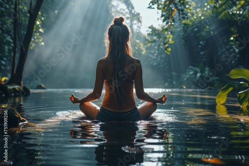 forest therapy yoga, Nature's Embrace: A Woman Immersed in Mindfulness, Practicing Yoga by a Calm Forest Stream in Earthy Tones