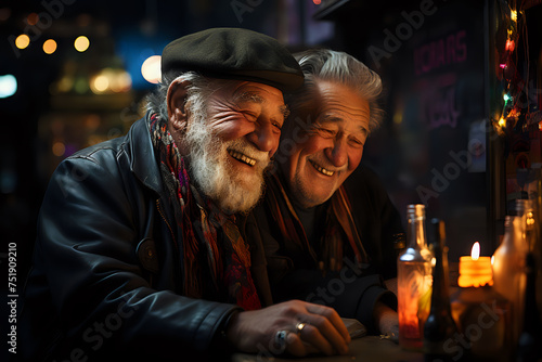 Twilight Tales and Chuckles. Two senior gentlemen share stories and laughter, their faces glowing in the warm light of a cozy pub evening.
