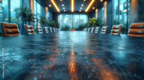 Table Setting Workplace, Business Meeting Perspective: Realistic Macro of Conference Table with Blurred Background