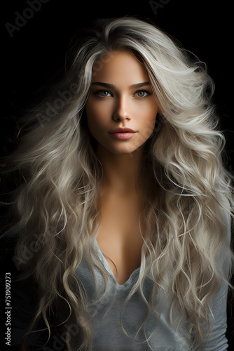 Stunning Portrait of Woman with Silver Hair. This alluring image features a woman with flowing silver hair and captivating eyes, ideal for beauty, haircare, and fashion uses. © Yuliia