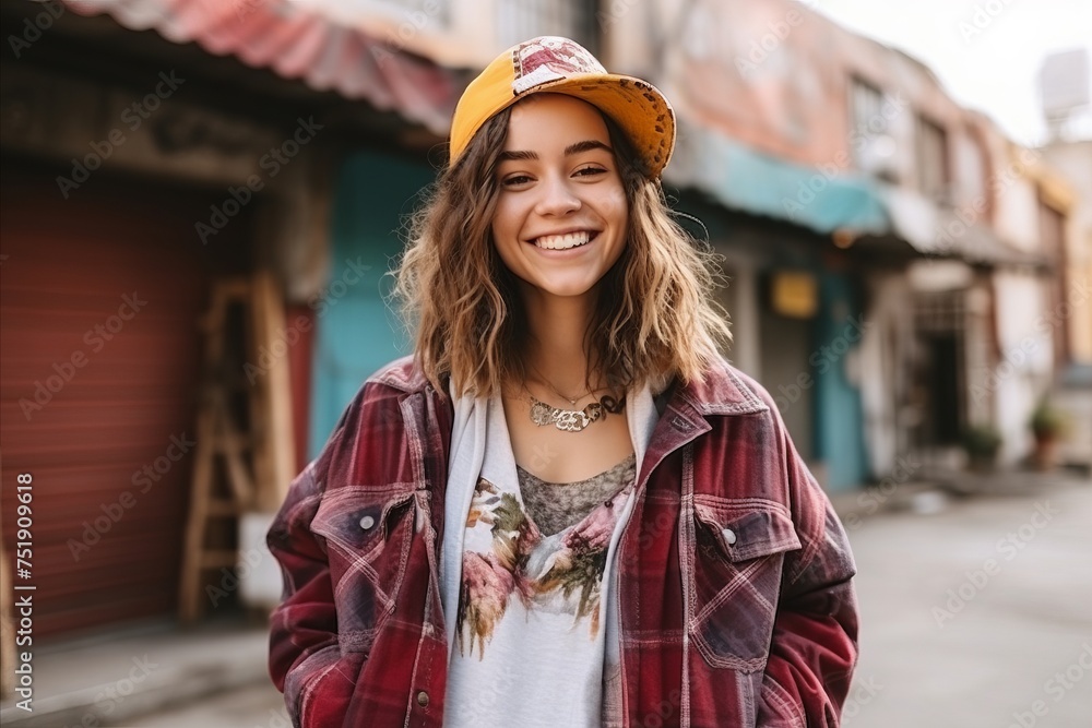 Portrait of a smiling young woman in a hat on the street Portrait of a smiling young woman in a hat on the street