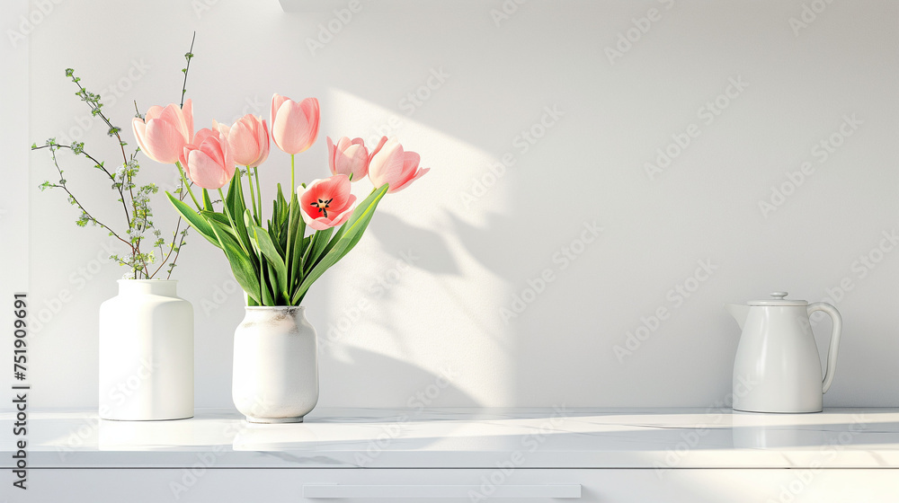 Fototapeta premium 白くきれいなキッチンカウンターに置かれたチューリップの花瓶