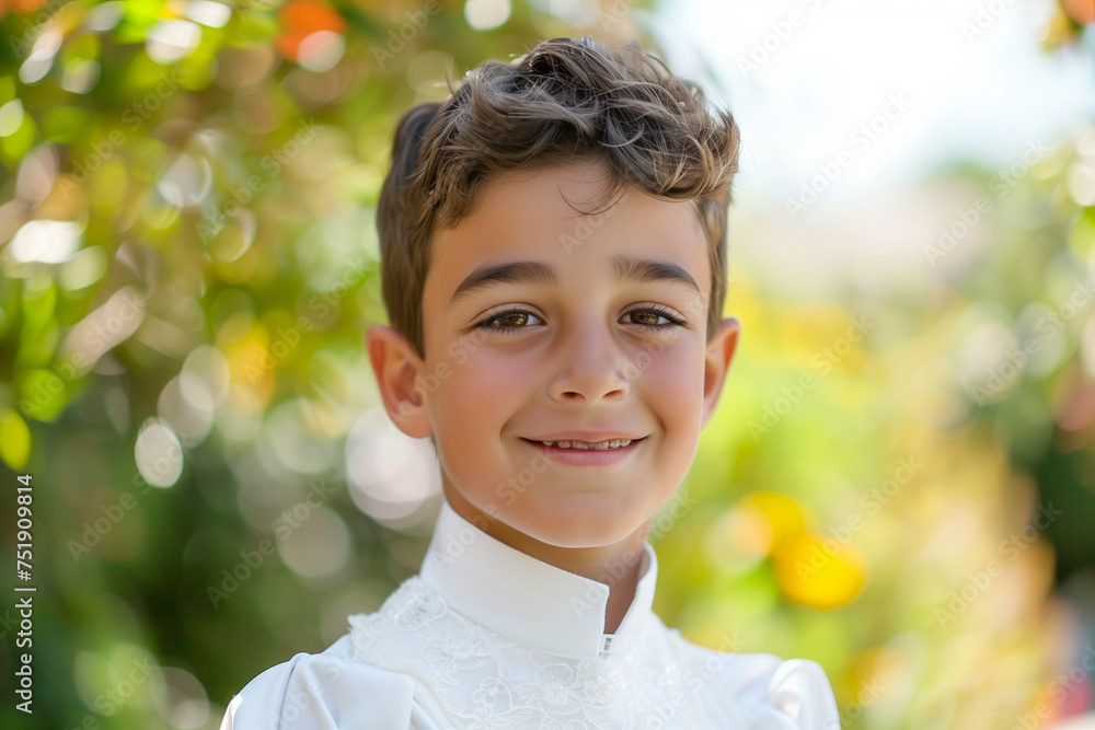 Communion boy, Christian celebration child wearing white suit and smiling Communion boy, Christian celebration child wearing white suit and smiling
