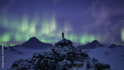 Adventurous Man Hiker on a snowy peak. Snow covered mountain view, aurora borealis. 3d Rendering. Northern lights, night time.