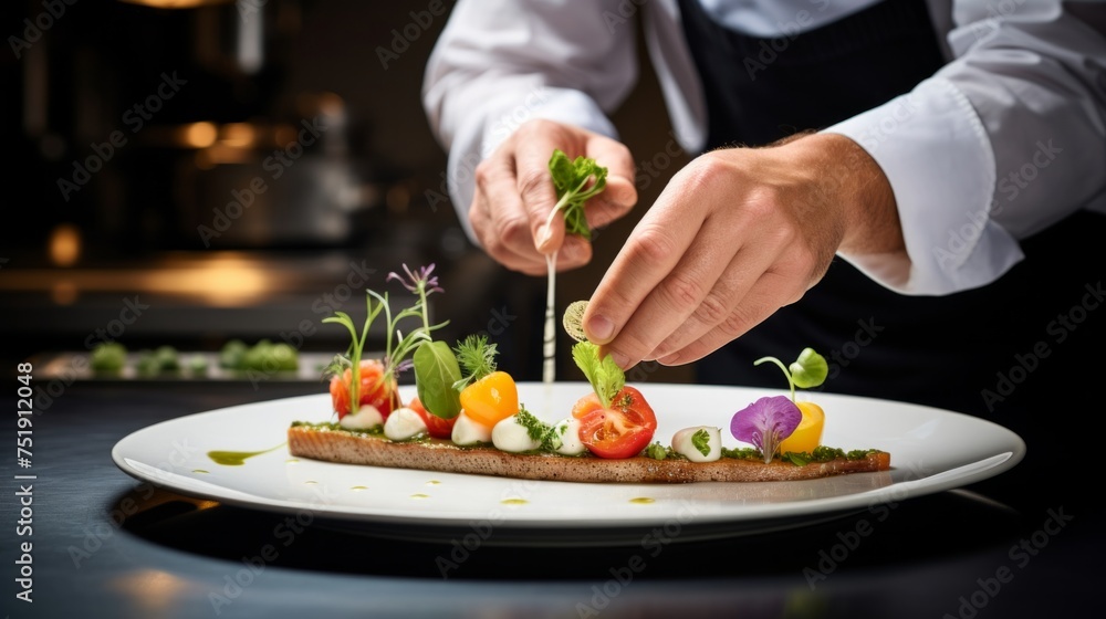 Chef in hotel or restaurant kitchen preparing meal vegetable salad with goat cheese and decorates the food with his hands. Chef in hotel or restaurant kitchen preparing meal vegetable salad with goat cheese and decorates the food with his hands.