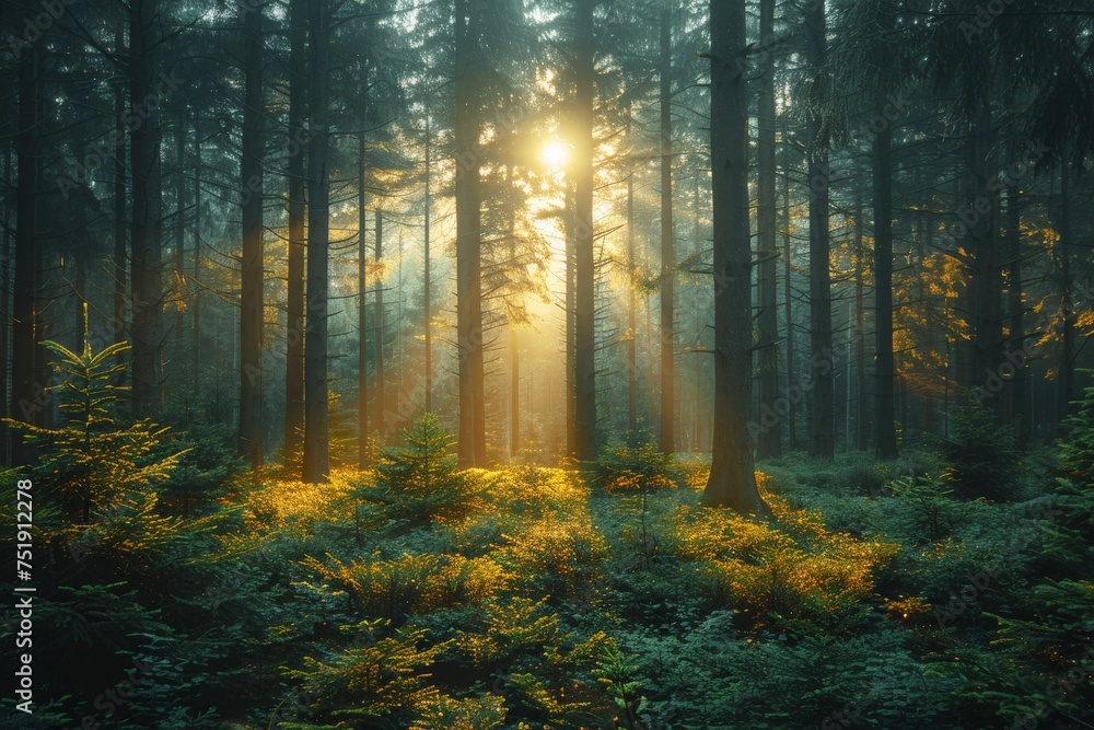 Obraz premium Rays of sunlight break through the dense foliage of an enchanted, mystical forest setting the scene aglow