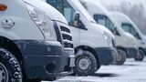 Fleet of white delivery vans in snowy day, copy space, transport service company concept