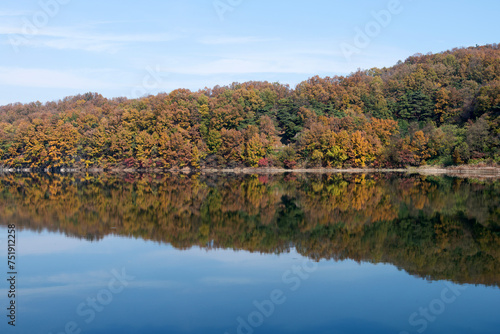 Reflection of the autumn mountain on the lake