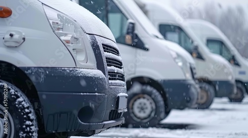 Fleet of white delivery vans in snowy day, copy space, transport service company concept