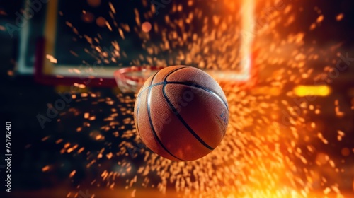 Photo of a basketball going into the ring photo