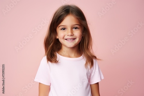 Portrait of a smiling little girl in a white t-shirt on a pink background