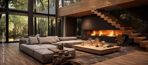 The living room is filled with contemporary furniture, including a spacious sofa, industrial fireplace, wooden flooring, decorative walls, and stairs. The room exudes a modern and cozy atmosphere.