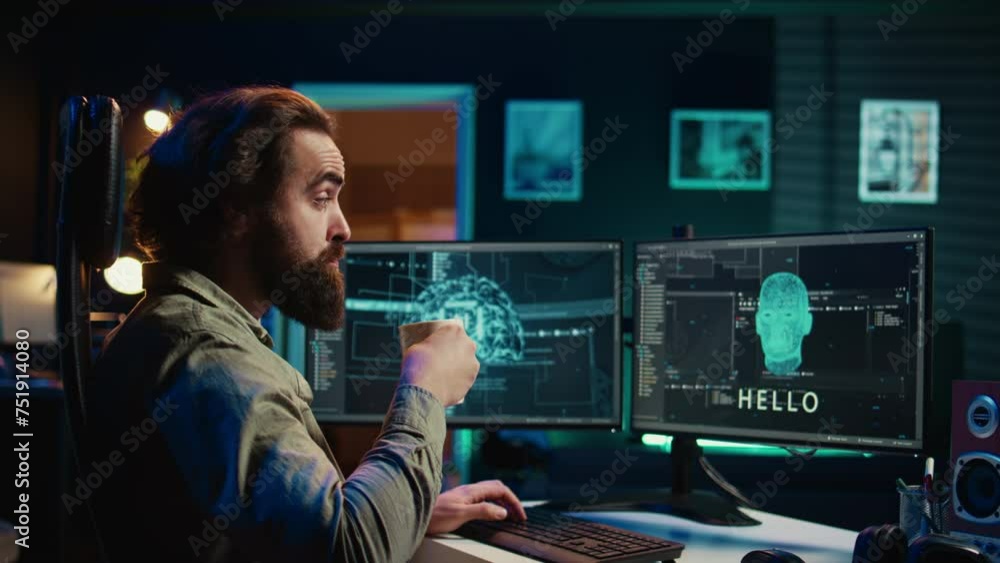 Programmer drinking coffee interrupted by awaken AI gaining consciousness asking existential questions. Developer disrupted by artificial intelligence wishing to chat, camera B Programmer drinking coffee interrupted by awaken AI gaining consciousness asking existential questions. Developer disrupted by artificial intelligence wishing to chat, camera B