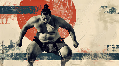 Sumo wrestler ready for combat: sumo wrestler in mawashi stands focused and ready for the match, with a stylized background