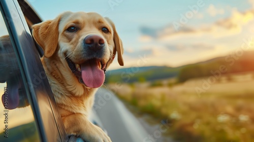 Happy Labrador Retriever Enjoying Road Trip with Head Out Car Window