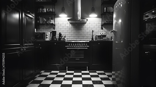 Black and White Checkerboard Kitchen in Modern Style, To provide a sleek and stylish stock photo of a black and white checkerboard kitchen for use in photo