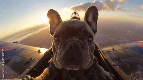 Curious French Bulldog Enjoying the Sunset View from an Airplane Cockpit photo
