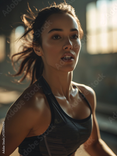 Determined female athlete in sunset light: young woman in athletic wear focused during her workout as sunlight illuminates her