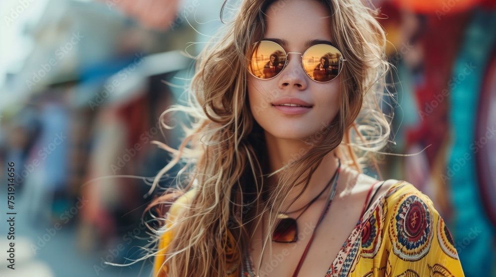 Stylish Boho Woman with Reflective Sunglasses at Outdoor Festival