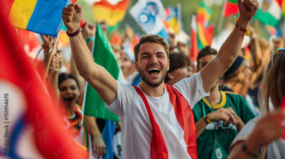Jubilant Supporter Cheering at International Sports Event - obrazy, fototapety, plakaty 