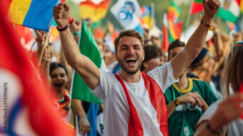 Jubilant Supporter Cheering at International Sports Event