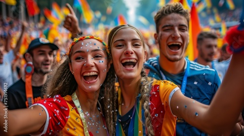 Joyful Supporters Sharing Selfie at Colorful Festival