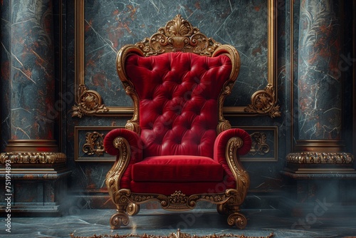 A red luxury chair in a kingdom with a large window behind. King Throne illustration image. Generative AI.