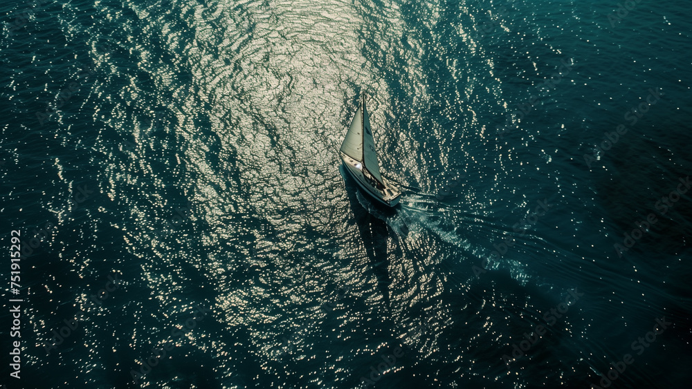 Obraz premium Sparkling Solitude: The Sailboat’s Sunlit Journey