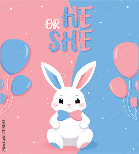 Baby Shower or gender party card.  invitation gender party. Cute bunny and balloons. vector illustration