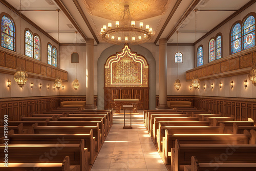 Serene Church's Interior is Bathed in Natural Light from Stained Glass Windows. Jewish religion, synagogue. Pesaj photo