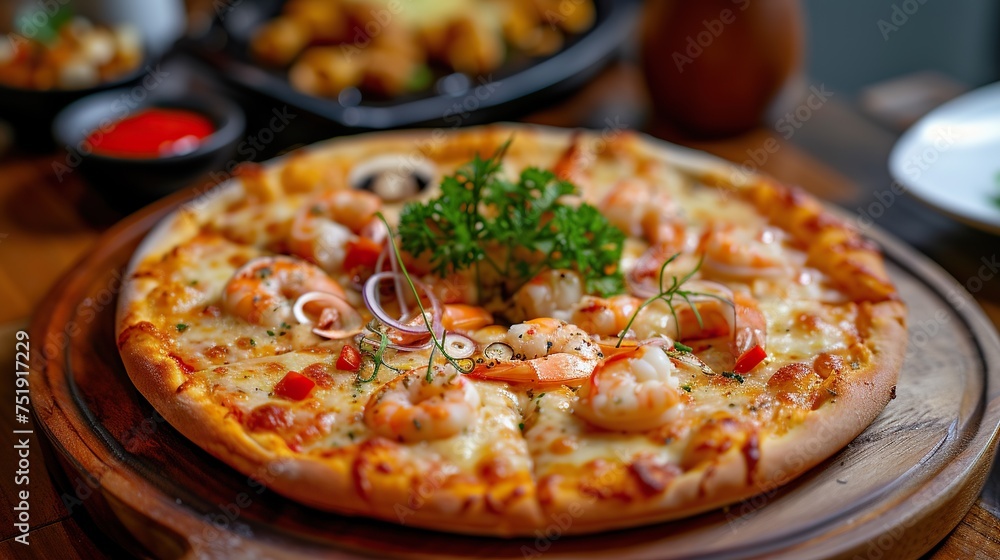 A seafood lovers' pizza on a wooden serving tray with seafood garnish