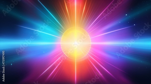 Abstract saturated rainbow colorful circle background. Glowing rays emanate from center. 3D rendered design element. Generative AI.