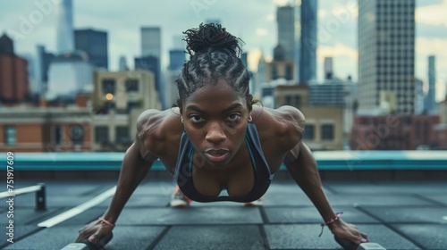 woman doing push-ups on a rooftop, generative ai