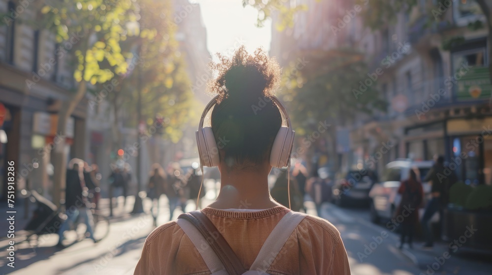 woman walking down a bustling street, headphones in, generative ai