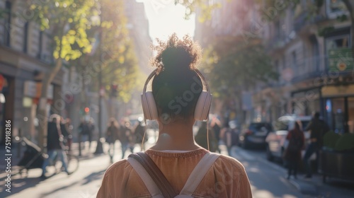 woman walking down a bustling street, headphones in, generative ai