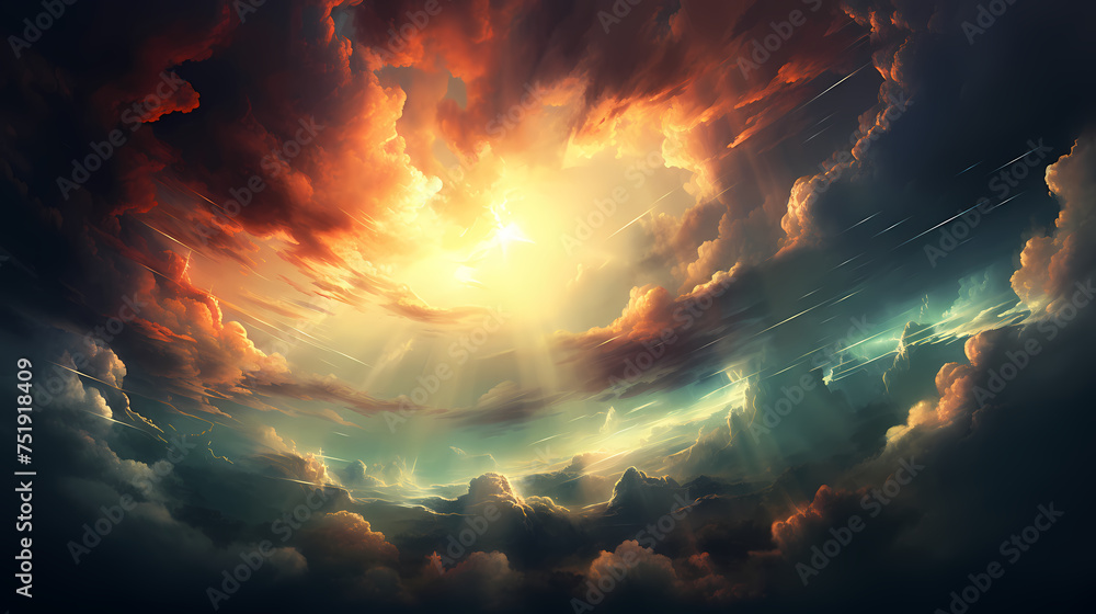 Surreal cloudscape with sun rays breaking through the clouds - obrazy, fototapety, plakaty 