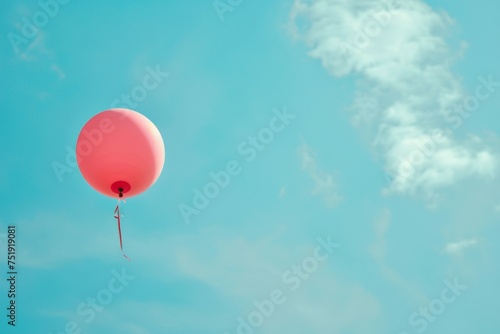 A red balloon is floating in the sky above a blue sky
