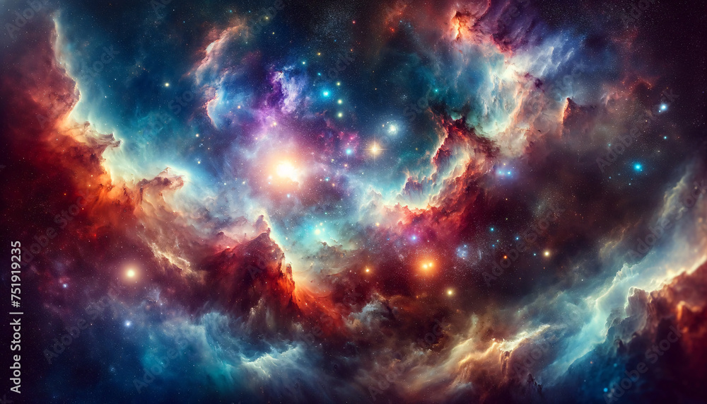 Fototapeta premium Breathtaking depiction of deep space, showcasing vibrant nebulas, distant stars, and the vast beauty of the cosmos.